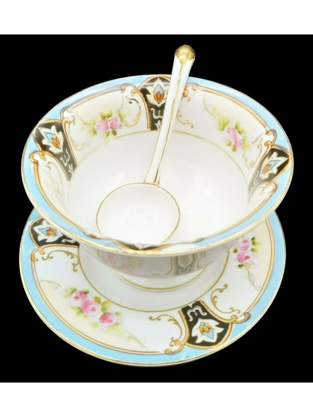 Cup Saucer Set Noritake Bouillon Hand Painted Porcelain Spoon Antique Japan
